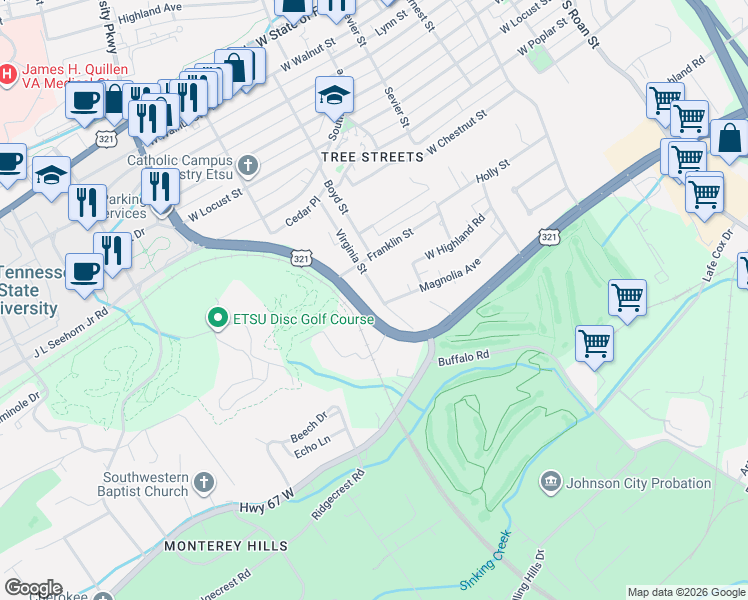 map of restaurants, bars, coffee shops, grocery stores, and more near 1418 Virginia Street in Johnson City