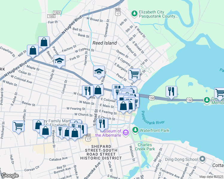 map of restaurants, bars, coffee shops, grocery stores, and more near 257-299 North Martin Street in Elizabeth City