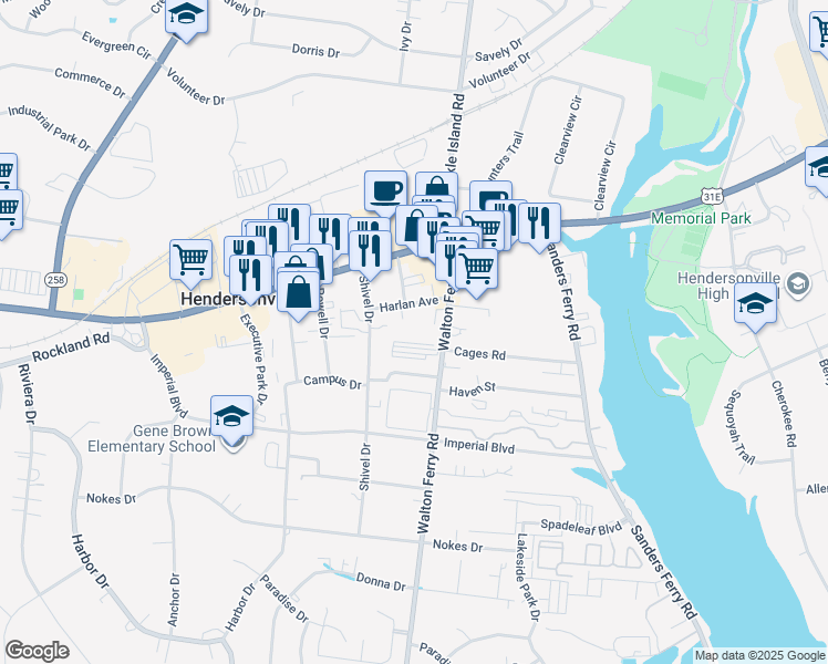 map of restaurants, bars, coffee shops, grocery stores, and more near 126 Walton Ferry Road in Hendersonville