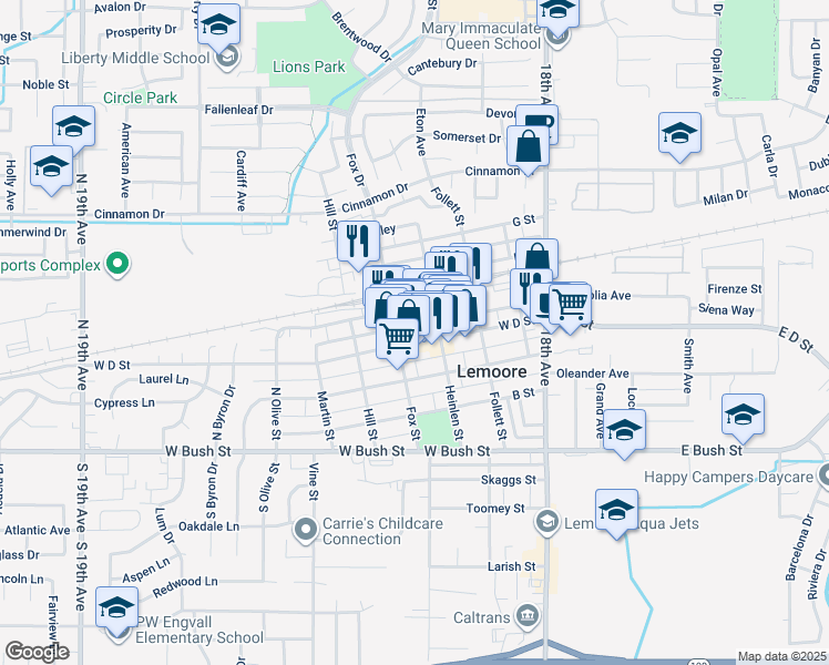 map of restaurants, bars, coffee shops, grocery stores, and more near 321 West D Street in Lemoore