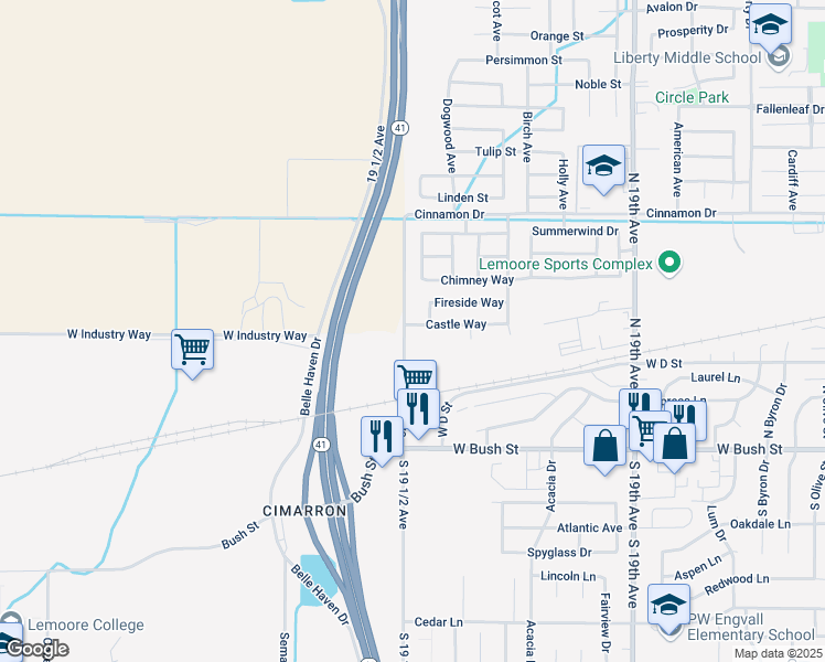 map of restaurants, bars, coffee shops, grocery stores, and more near 1793 Castle Way in Lemoore