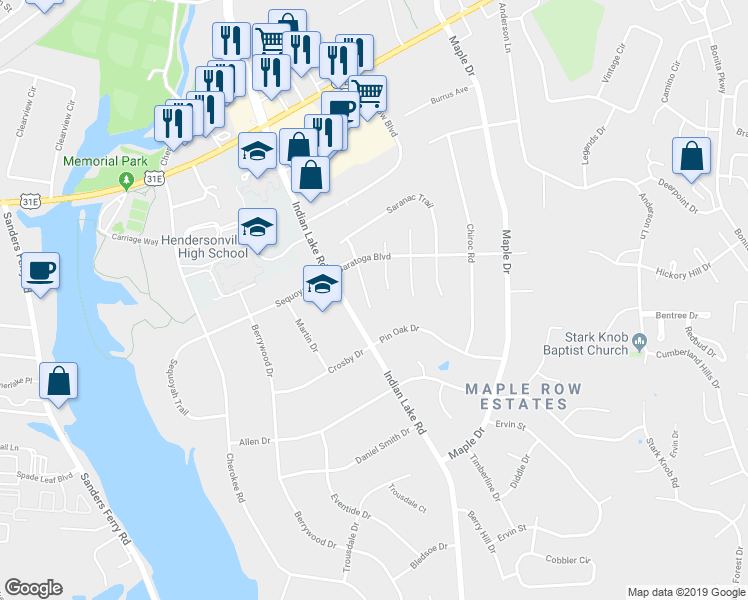 map of restaurants, bars, coffee shops, grocery stores, and more near 114 Galway Lake South in Hendersonville