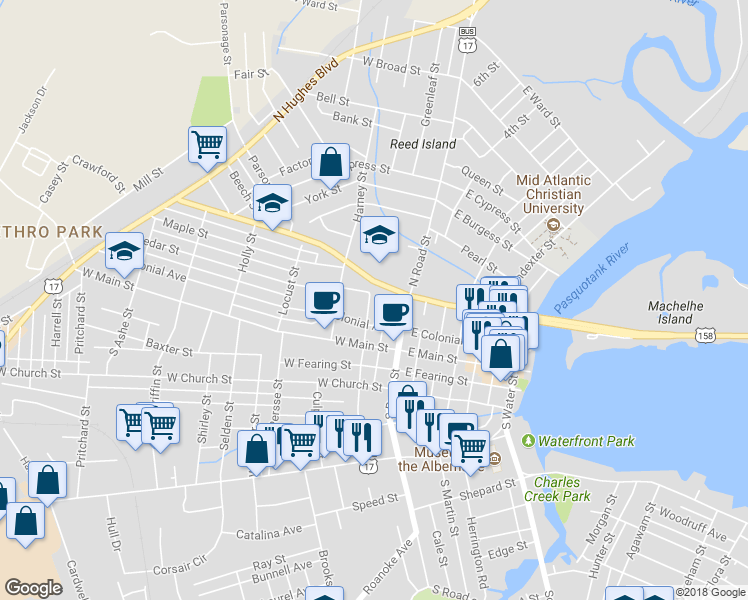 map of restaurants, bars, coffee shops, grocery stores, and more near 205 North Dyer Street in Elizabeth City