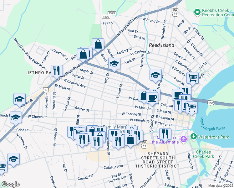 map of restaurants, bars, coffee shops, grocery stores, and more near 600 West Colonial Avenue in Elizabeth City