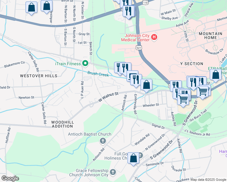 map of restaurants, bars, coffee shops, grocery stores, and more near 2711 West Walnut Street in Johnson City