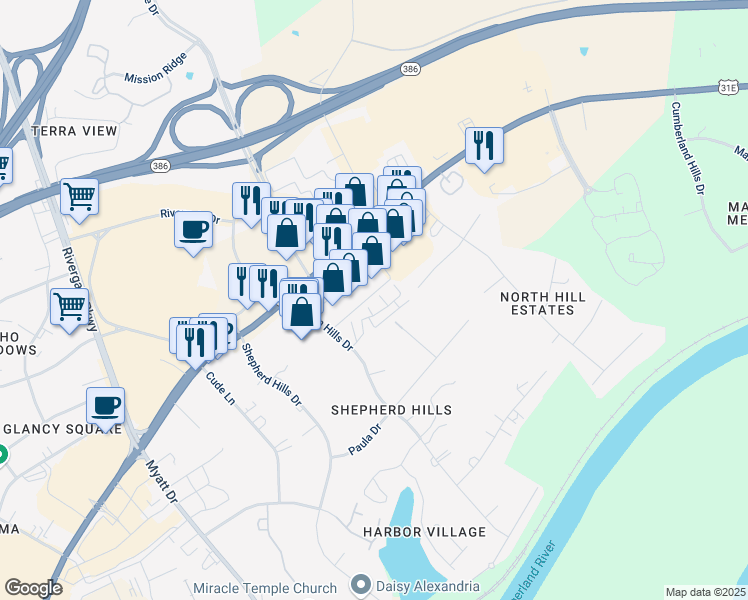 map of restaurants, bars, coffee shops, grocery stores, and more near 503 Churchill Crossing in Nashville