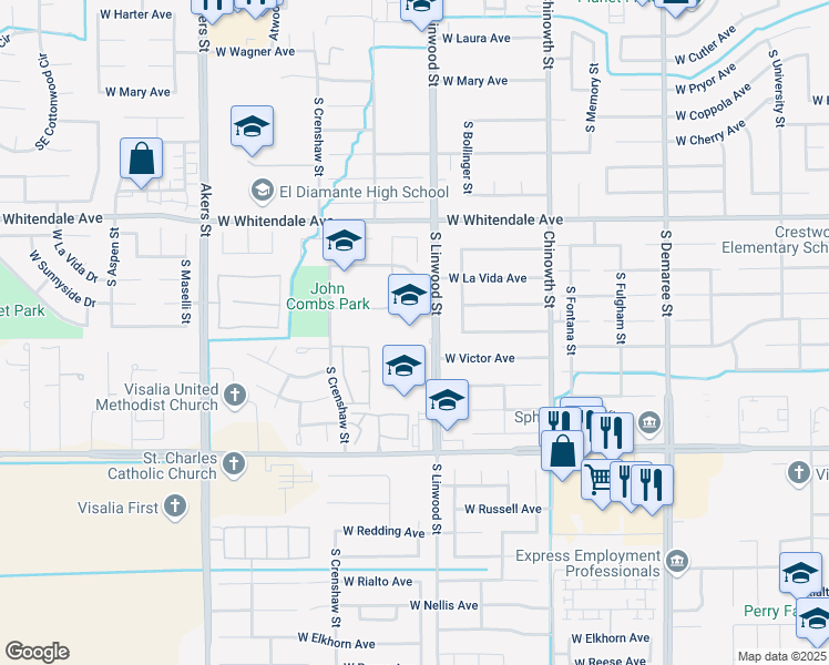 map of restaurants, bars, coffee shops, grocery stores, and more near 3129 South Linwood Street in Visalia