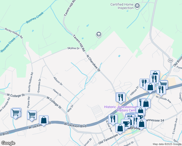 map of restaurants, bars, coffee shops, grocery stores, and more near 679 North Cherokee Street in Jonesborough