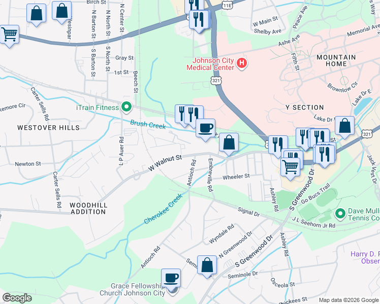 map of restaurants, bars, coffee shops, grocery stores, and more near 2602 West Walnut Street in Johnson City