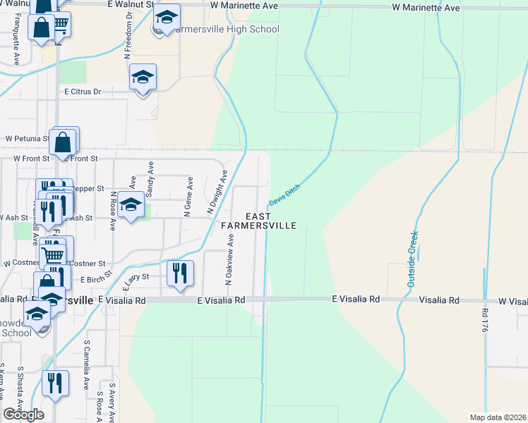 map of restaurants, bars, coffee shops, grocery stores, and more near 514 North Brundage Avenue in Farmersville