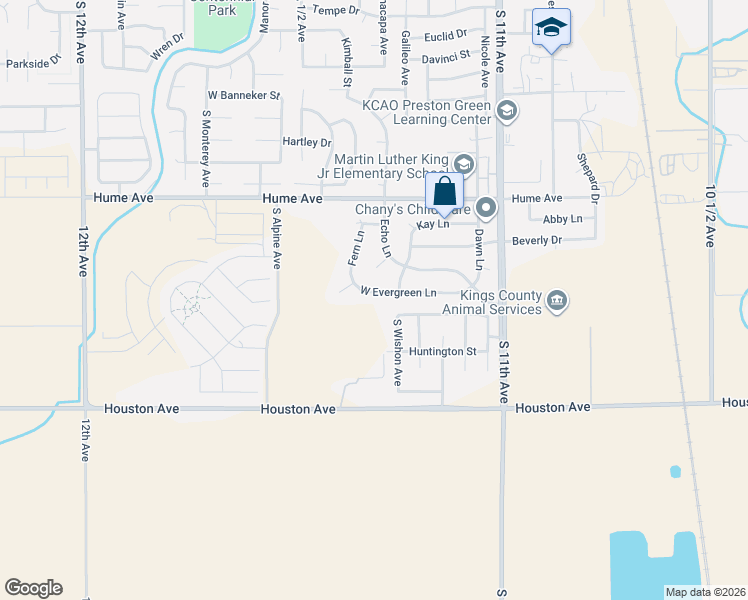 map of restaurants, bars, coffee shops, grocery stores, and more near 11295 West Evergreen Lane in Hanford
