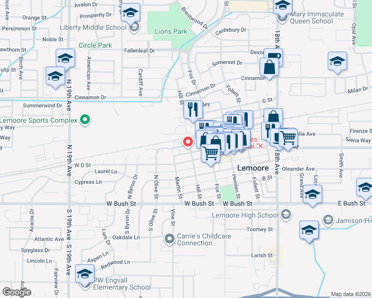 map of restaurants, bars, coffee shops, grocery stores, and more near 510 West D Street in Lemoore