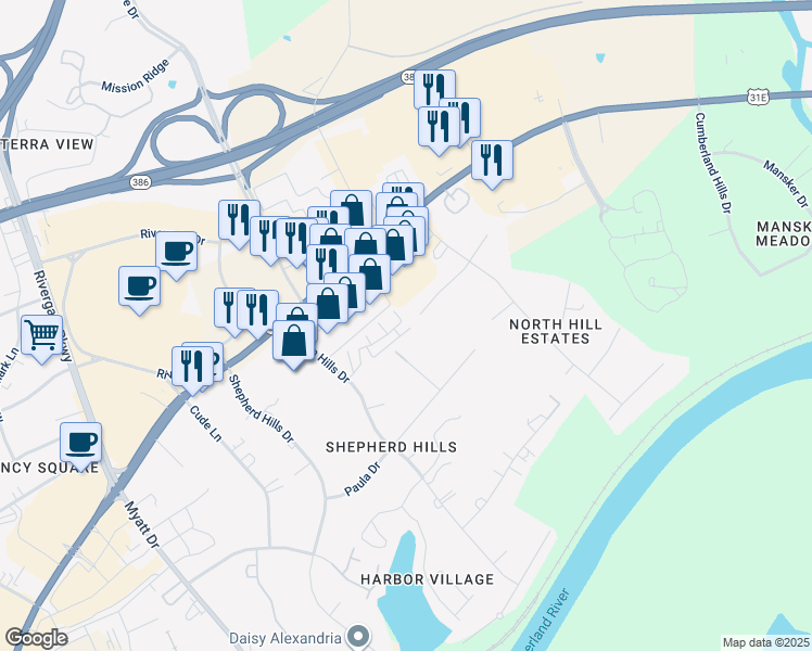 map of restaurants, bars, coffee shops, grocery stores, and more near 105 Oak Park Lane in Nashville