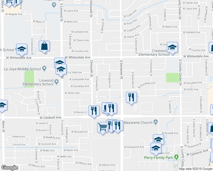 map of restaurants, bars, coffee shops, grocery stores, and more near 3835 West Dorothea Court in Visalia