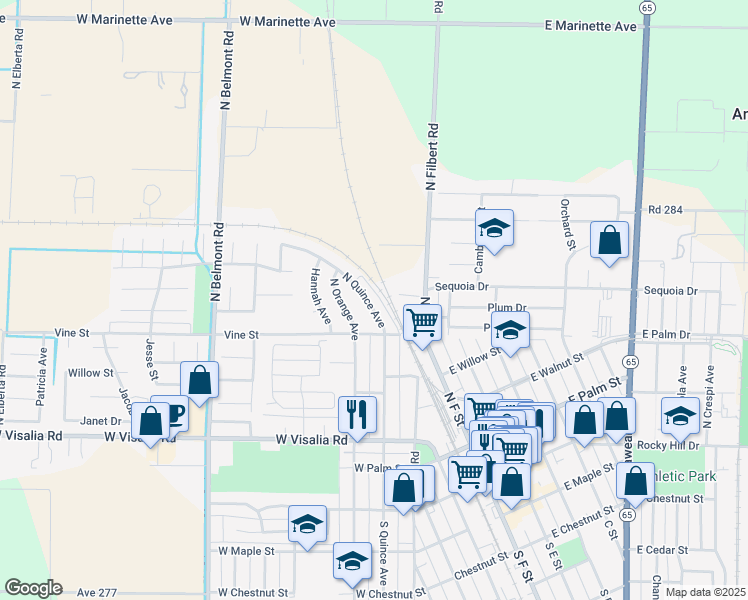 map of restaurants, bars, coffee shops, grocery stores, and more near 601 North Quince Avenue in Exeter