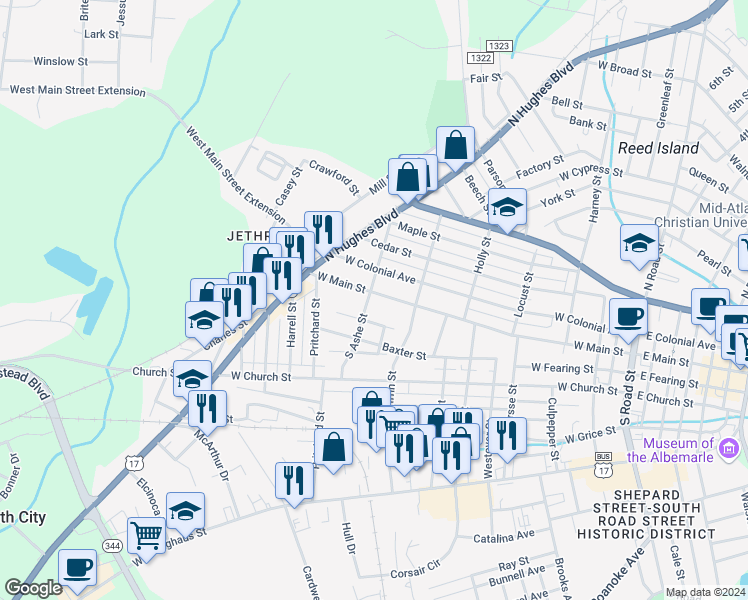 map of restaurants, bars, coffee shops, grocery stores, and more near 1017 West Main Street in Elizabeth City