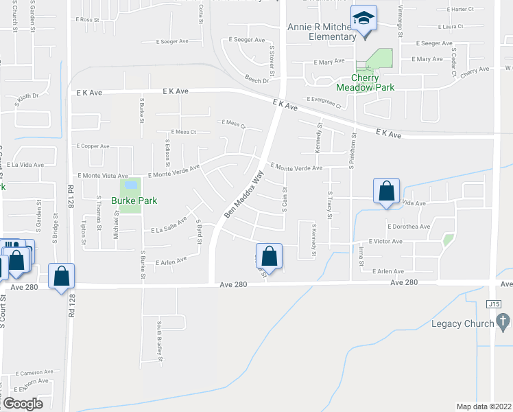 map of restaurants, bars, coffee shops, grocery stores, and more near 1436 East Sunnyside Avenue in Visalia