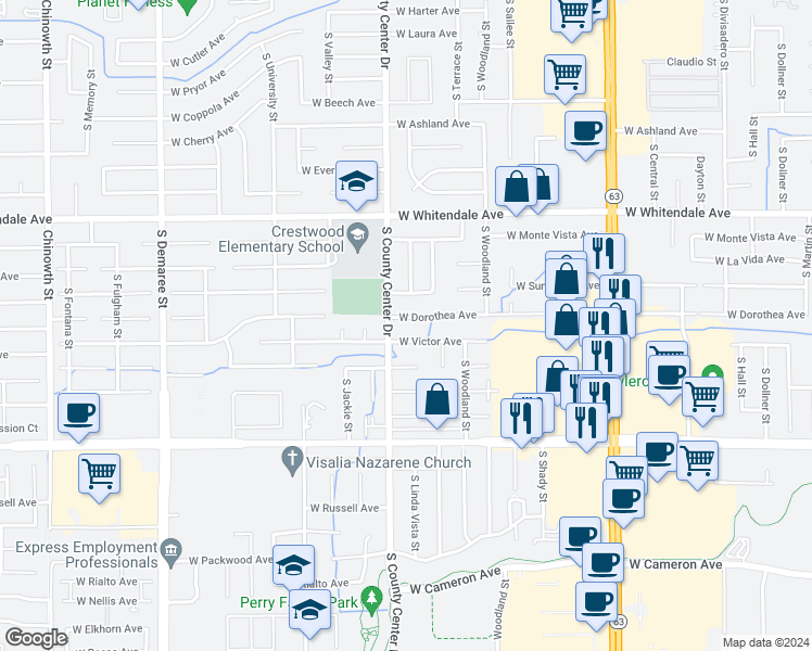 map of restaurants, bars, coffee shops, grocery stores, and more near 2831 West Dorothea Avenue in Visalia
