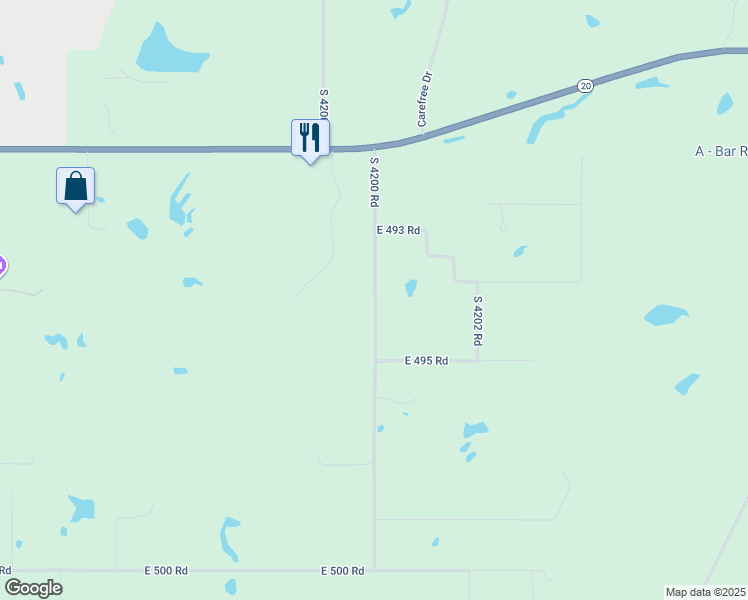 map of restaurants, bars, coffee shops, grocery stores, and more near 21304 South 4200 Road in Claremore