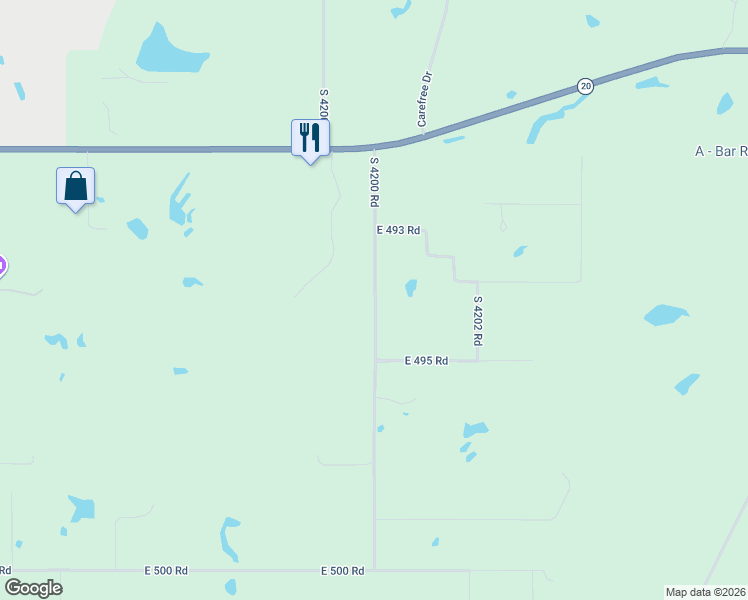 map of restaurants, bars, coffee shops, grocery stores, and more near 21304 South 4200 Road in Claremore