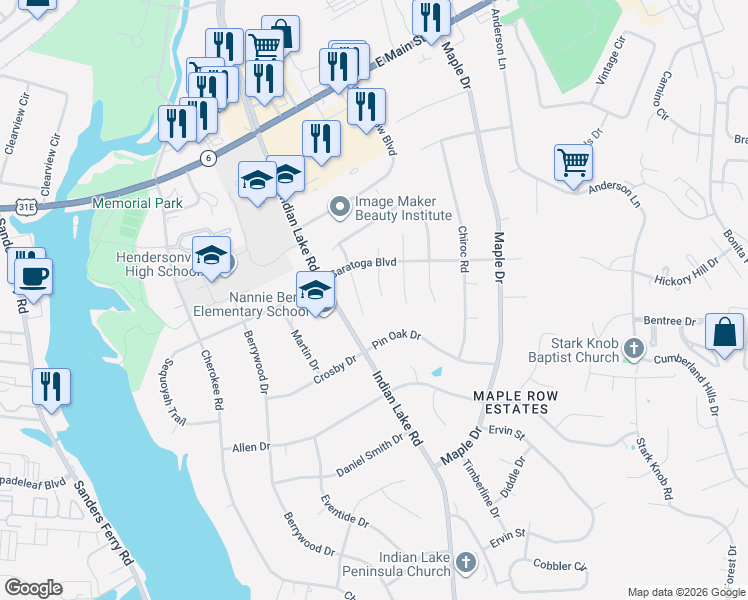 map of restaurants, bars, coffee shops, grocery stores, and more near 138 Pin Oak Drive in Hendersonville