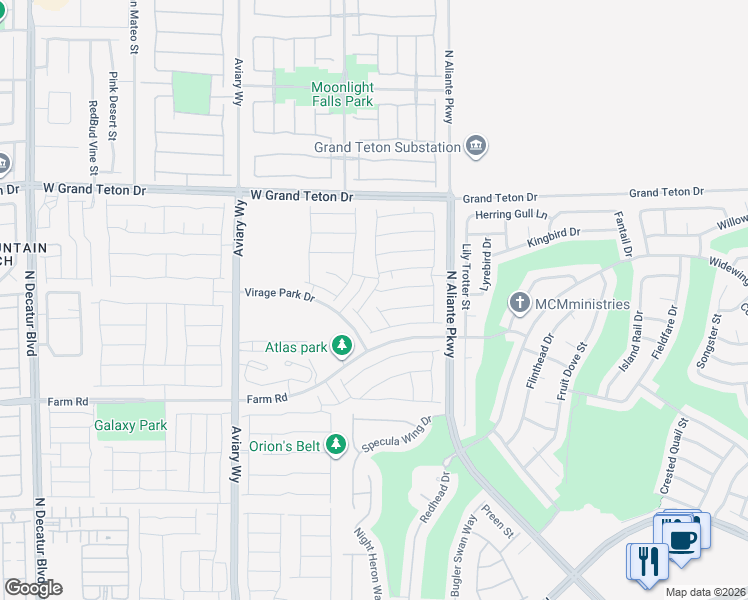 map of restaurants, bars, coffee shops, grocery stores, and more near Virage Park Drive in North Las Vegas