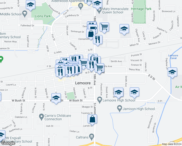 map of restaurants, bars, coffee shops, grocery stores, and more near 8 C Street in Lemoore