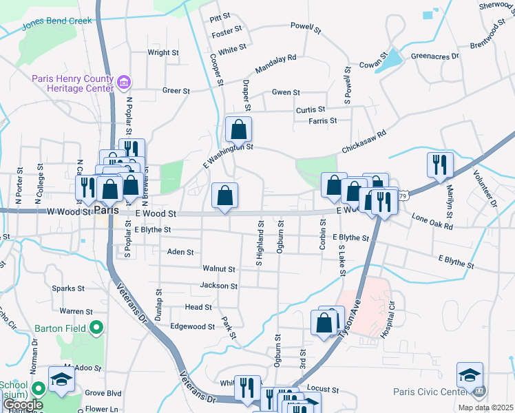 map of restaurants, bars, coffee shops, grocery stores, and more near 601 East Wood Street in Paris