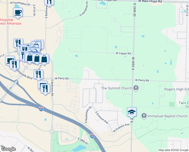 map of restaurants, bars, coffee shops, grocery stores, and more near 2721 West Perry Road in Rogers