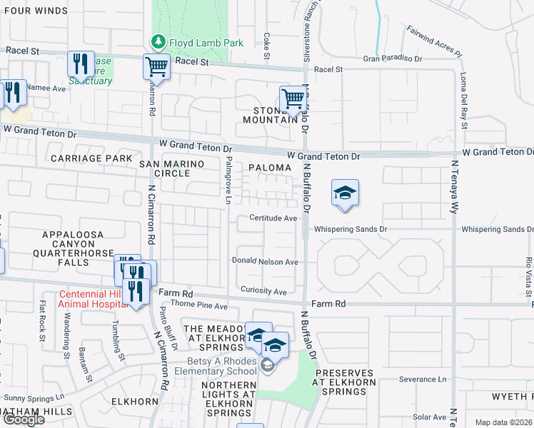 map of restaurants, bars, coffee shops, grocery stores, and more near 7656 Certitude Avenue in Las Vegas
