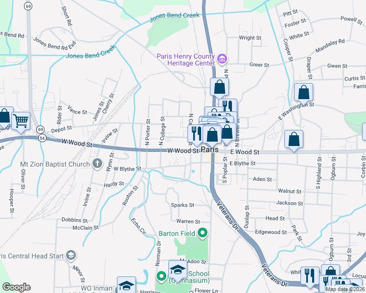 map of restaurants, bars, coffee shops, grocery stores, and more near 407 West Wood Street in Paris