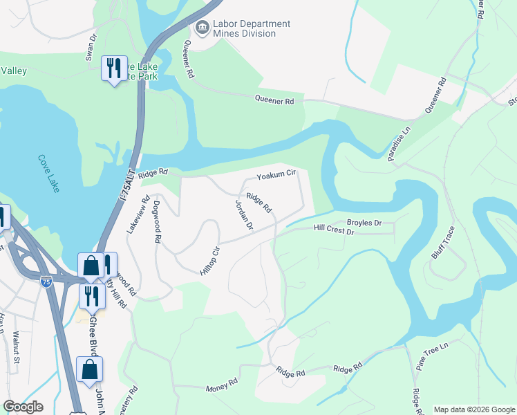 map of restaurants, bars, coffee shops, grocery stores, and more near 153 Jordan Drive in Caryville