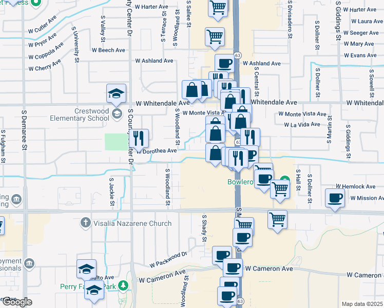 map of restaurants, bars, coffee shops, grocery stores, and more near 2409 West Sunnyside Avenue in Visalia