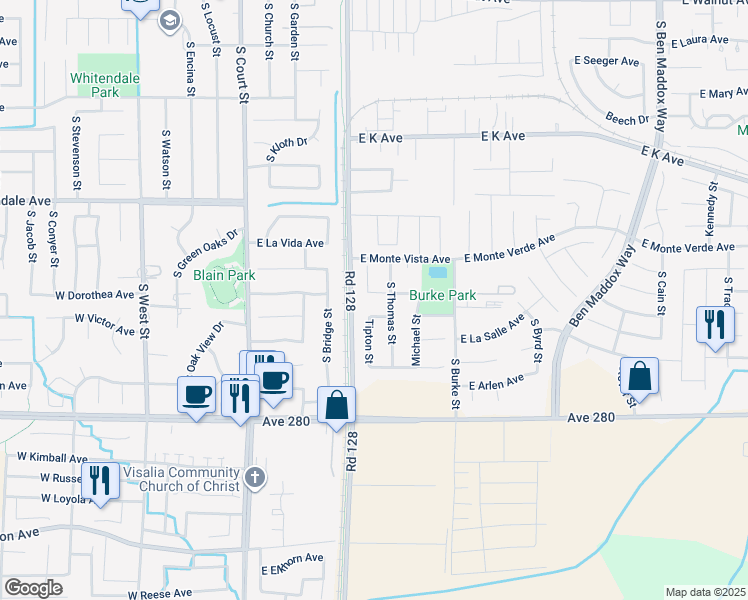 map of restaurants, bars, coffee shops, grocery stores, and more near 621 East La Vida Avenue in Visalia