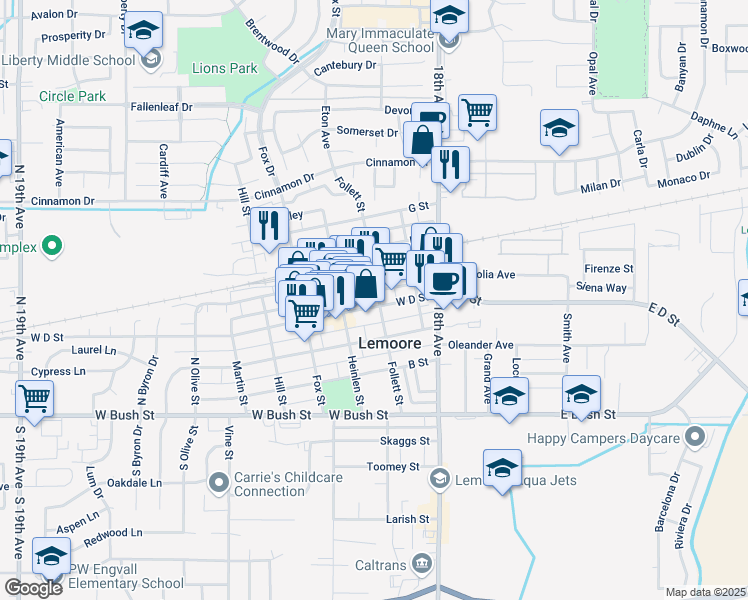 map of restaurants, bars, coffee shops, grocery stores, and more near 203 E Street in Lemoore