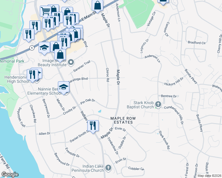 map of restaurants, bars, coffee shops, grocery stores, and more near 128 Chiroc Road in Hendersonville