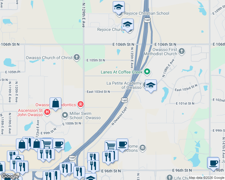 map of restaurants, bars, coffee shops, grocery stores, and more near 13203 East 103rd Street North in Owasso