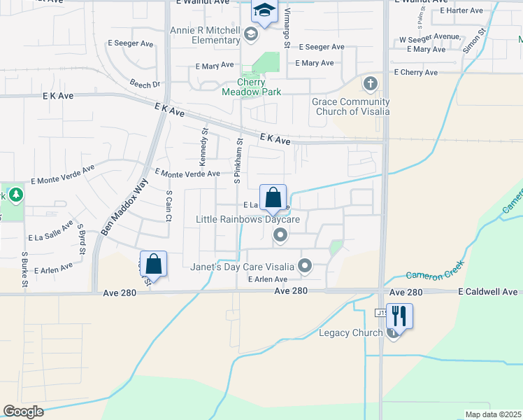 map of restaurants, bars, coffee shops, grocery stores, and more near 2245 East La Vida Avenue in Visalia