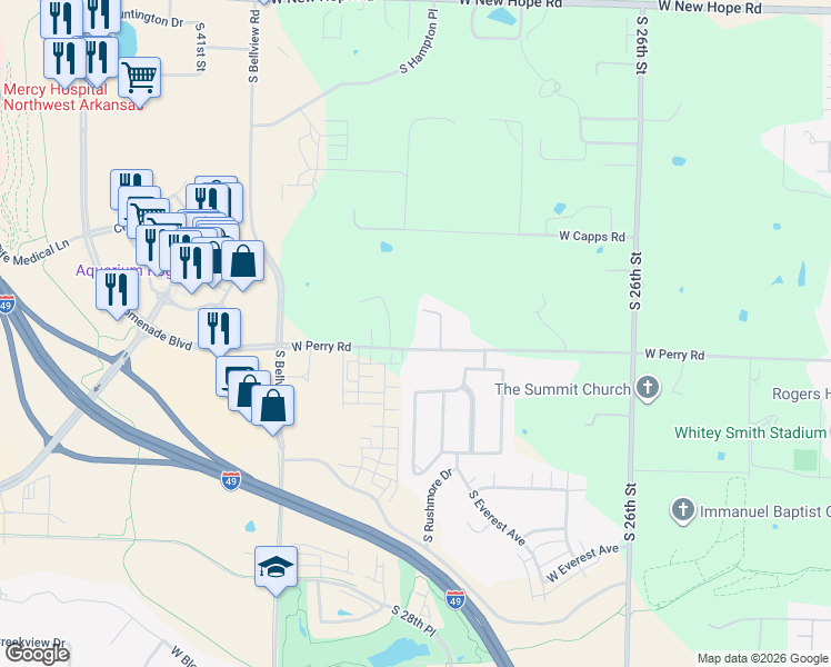 map of restaurants, bars, coffee shops, grocery stores, and more near 3105 Sam Davis Road in Rogers