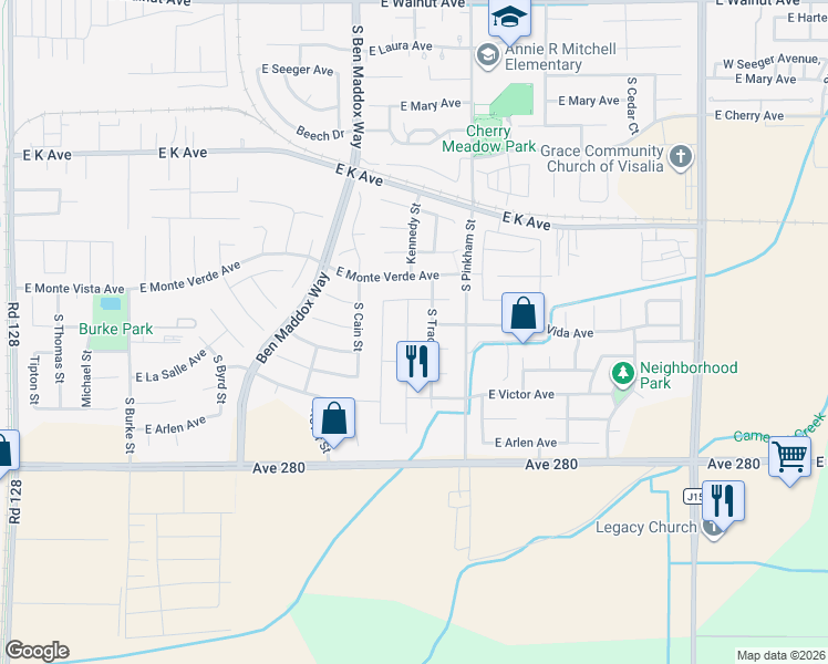 map of restaurants, bars, coffee shops, grocery stores, and more near 3103 South Tracy Street in Visalia