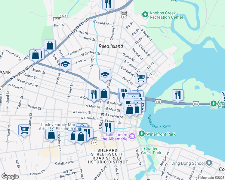 map of restaurants, bars, coffee shops, grocery stores, and more near 310 North Road Street in Elizabeth City