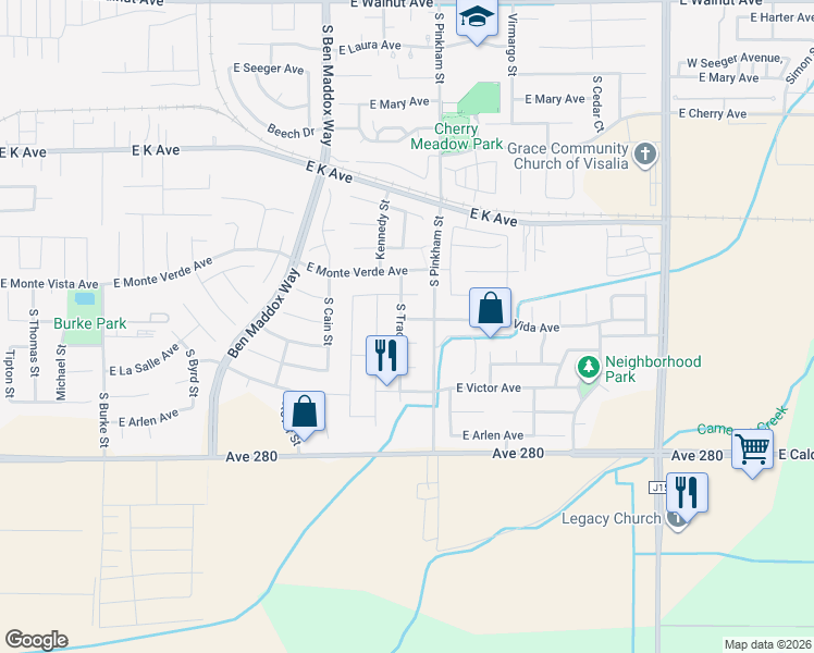 map of restaurants, bars, coffee shops, grocery stores, and more near 3103 South Tracy Street in Visalia