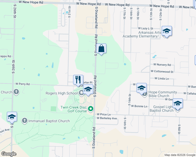 map of restaurants, bars, coffee shops, grocery stores, and more near 2222 South Dixieland Road in Rogers