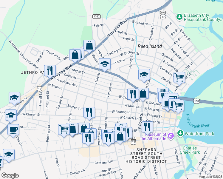 map of restaurants, bars, coffee shops, grocery stores, and more near 508 Cedar Street in Elizabeth City