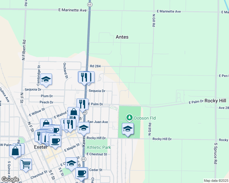 map of restaurants, bars, coffee shops, grocery stores, and more near 345 Valencia Drive in Exeter