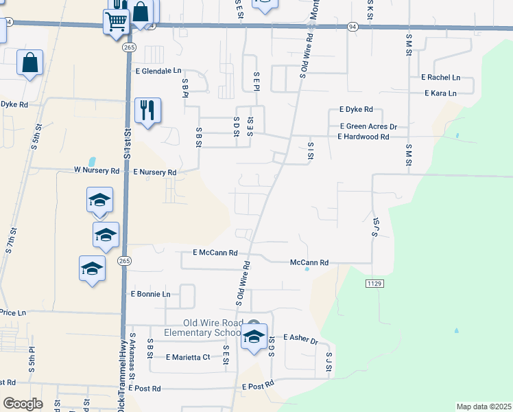 map of restaurants, bars, coffee shops, grocery stores, and more near 2608 South Old Wire Road in Rogers