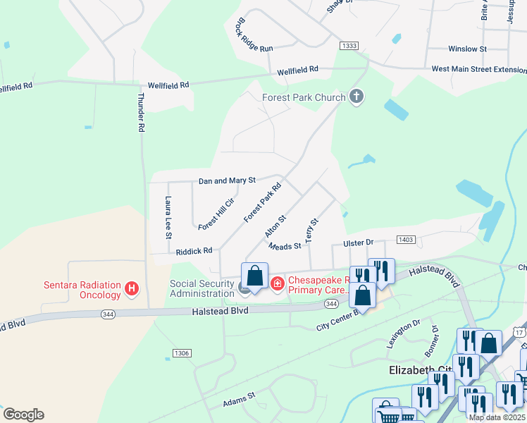 map of restaurants, bars, coffee shops, grocery stores, and more near 612 Forest Park Road in Elizabeth City