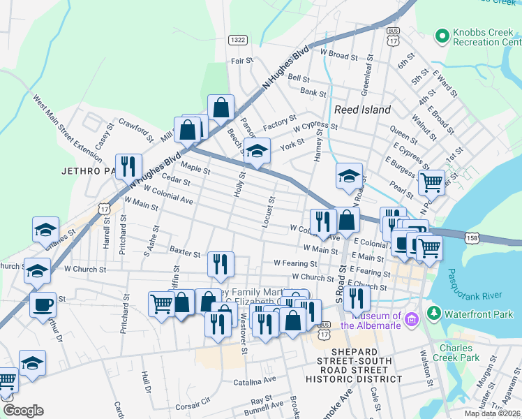 map of restaurants, bars, coffee shops, grocery stores, and more near 508 Cedar Street in Elizabeth City