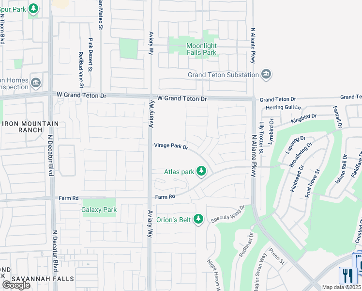 map of restaurants, bars, coffee shops, grocery stores, and more near Virage Park Drive in North Las Vegas