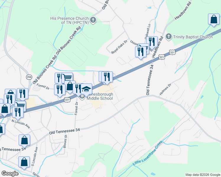 map of restaurants, bars, coffee shops, grocery stores, and more near 1200 U.S. 11E in Jonesborough